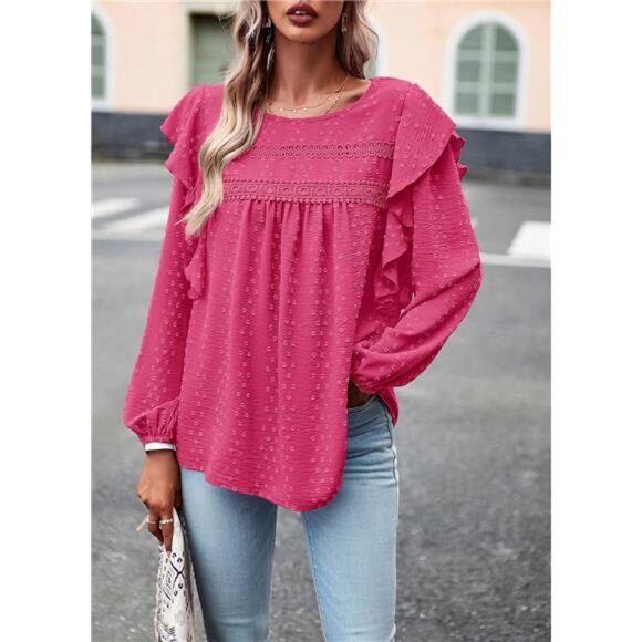 Women's Long Sleeve Blouses Rose Red - Picture 3 of 6